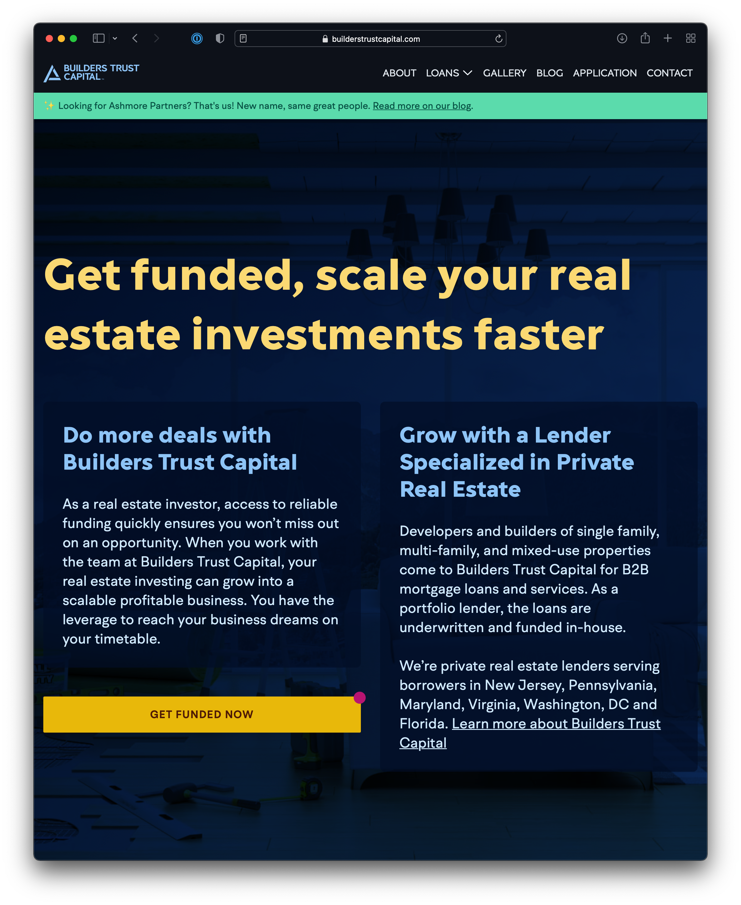 Screenshot of the home page for the updated Builders Trust Capital website