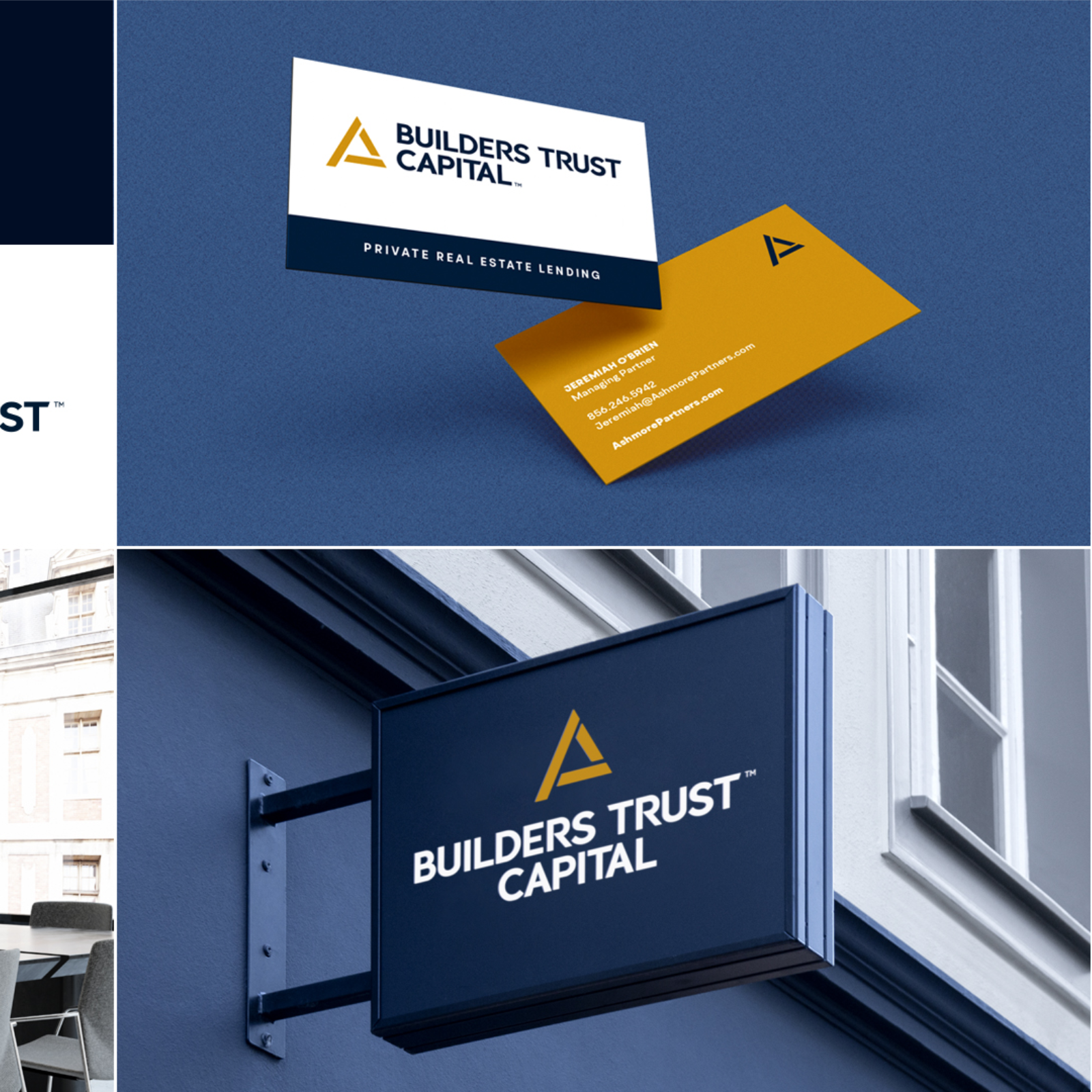 Screenshot of the presentation for the new Builders Trust Capital logo in context on a sign and business cards