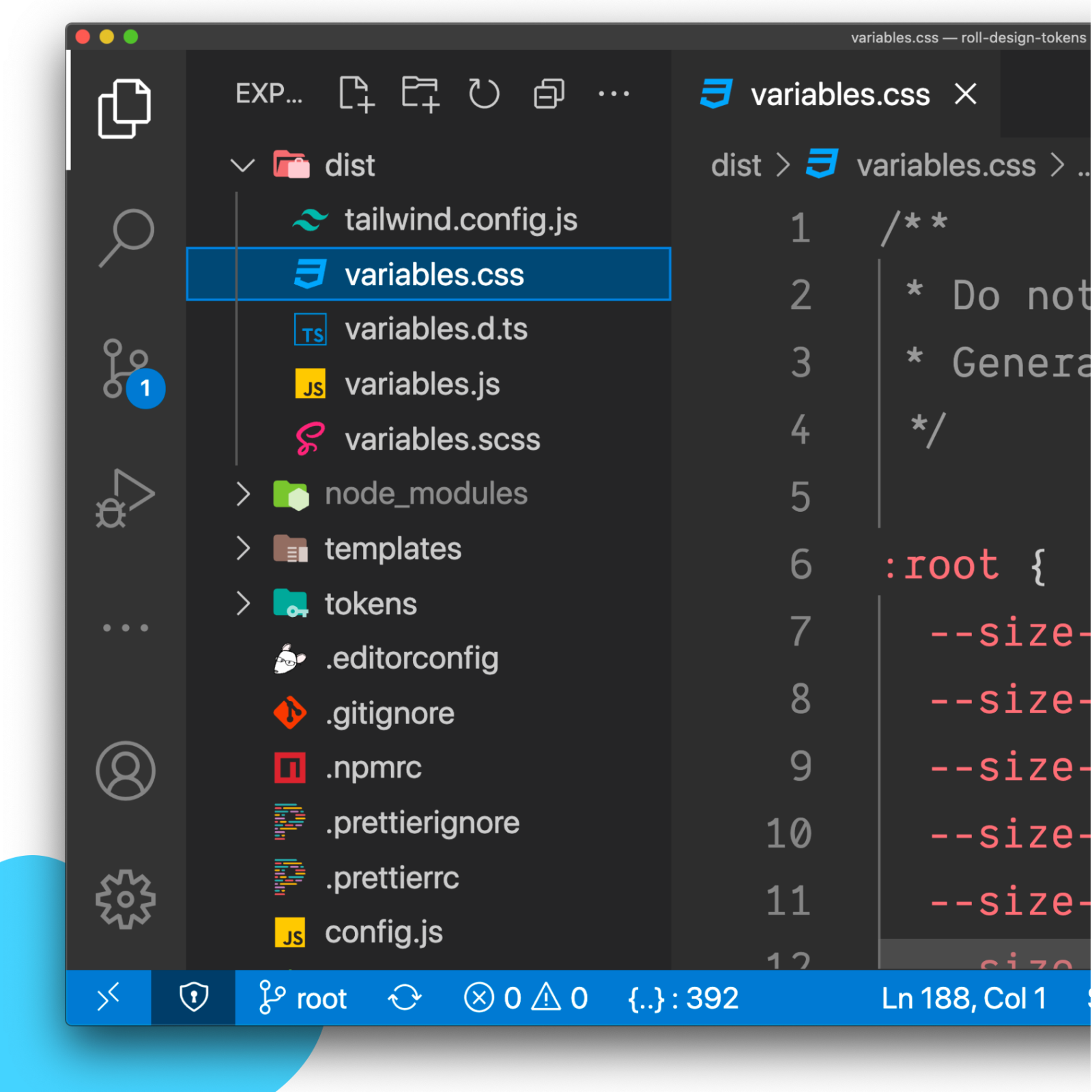 Screenshot of VSCode showing the design tokens repository for Roll by ADP